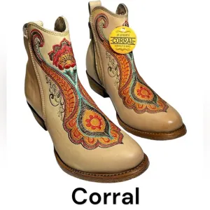 Corral Western ankle booties boots orange embroidered Leather Heeled NEW! 7