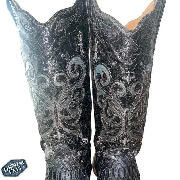 Corral Women’s Black/Grey Python Snip Toe Western/Cowboy Boots | RARE!!