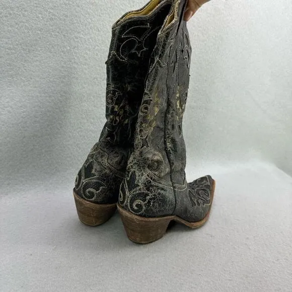 Corral Womens Distressed Leather Pointed Toe Western Boots Black Size 6.5W