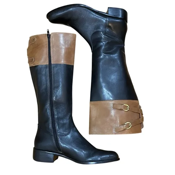 Corso Como Italian Leather Boots Black Tan Tall Equestrian Boots Double Buckles