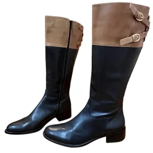 Corso Como Italian Leather Boots Black Tan Tall Equestrian Boots Double Buckles