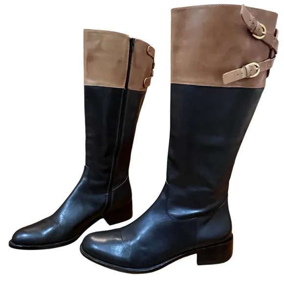 Corso Como Italian Leather Boots Black Tan Tall Equestrian Boots Double Buckles