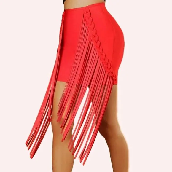 CRIMSON RED BODY-CON BANDAGE FRINGE MINI SKIRT
