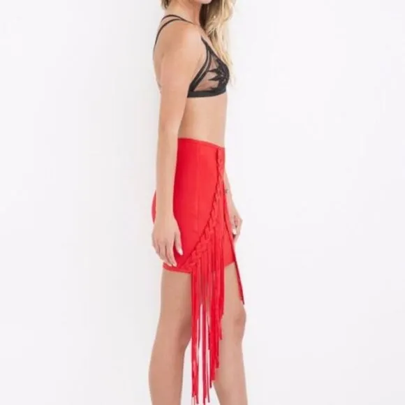 CRIMSON RED BODY-CON BANDAGE FRINGE MINI SKIRT