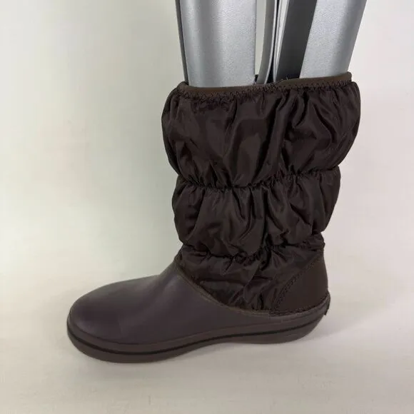 Crocs Womens 6 Winter Minimalist Puff Boot Brown Warm Nylon Quilted Slip-On