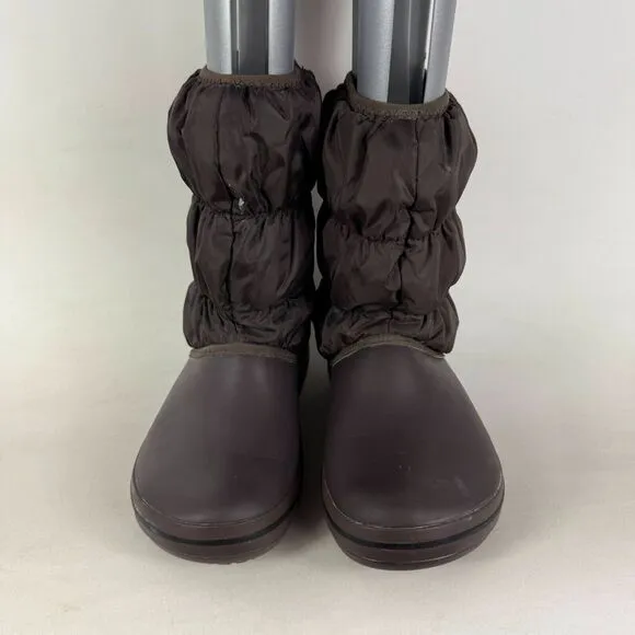 Crocs Womens 6 Winter Minimalist Puff Boot Brown Warm Nylon Quilted Slip-On