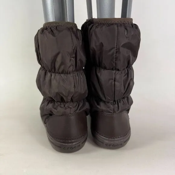 Crocs Womens 6 Winter Minimalist Puff Boot Brown Warm Nylon Quilted Slip-On