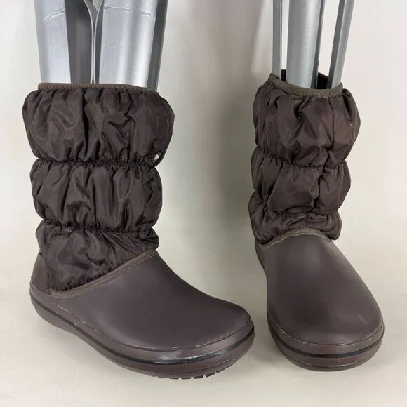 Crocs Womens 6 Winter Minimalist Puff Boot Brown Warm Nylon Quilted Slip-On