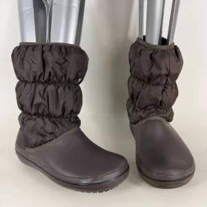 Crocs Womens 6 Winter Minimalist Puff Boot Brown Warm Nylon Quilted Slip-On