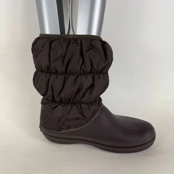 Crocs Womens 6 Winter Minimalist Puff Boot Brown Warm Nylon Quilted Slip-On