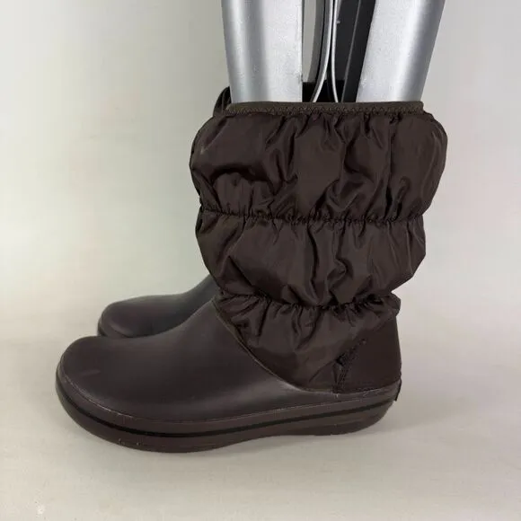 Crocs Womens 6 Winter Minimalist Puff Boot Brown Warm Nylon Quilted Slip-On