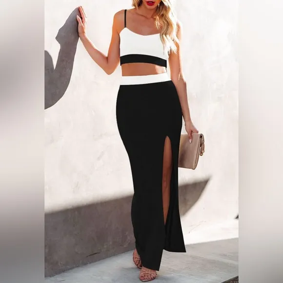 Cutiefox Knit 2 Piece Dress Cami Crop Top High Side Slit Bodycon Long Skirt Set5
