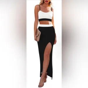 Cutiefox Knit 2 Piece Dress Cami Crop Top High Side Slit Bodycon Long Skirt Set5