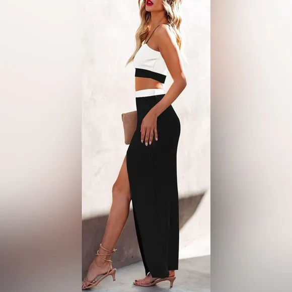 Cutiefox Knit 2 Piece Dress Cami Crop Top High Side Slit Bodycon Long Skirt Set5