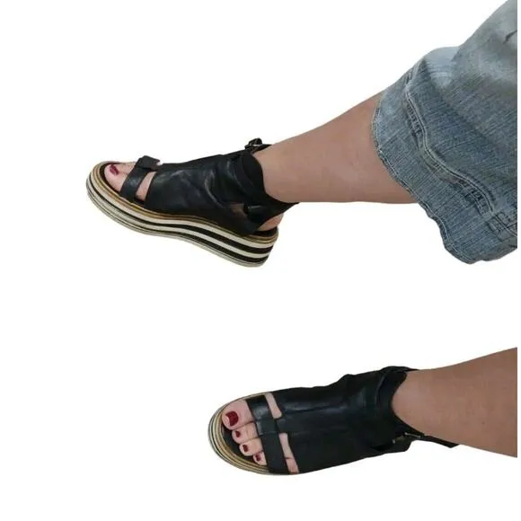 CW Chewing Gladiator Leather Sandal Womens Size 9 WIDE Black Goth PUNK Lagenlook