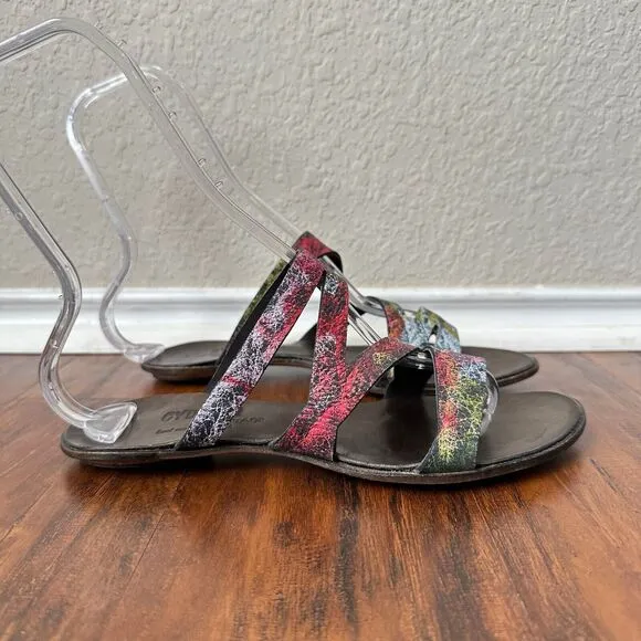 CYDWOQ Vintage Strappy Open-Toe Sandals Artsy Multi Leather USA MADE