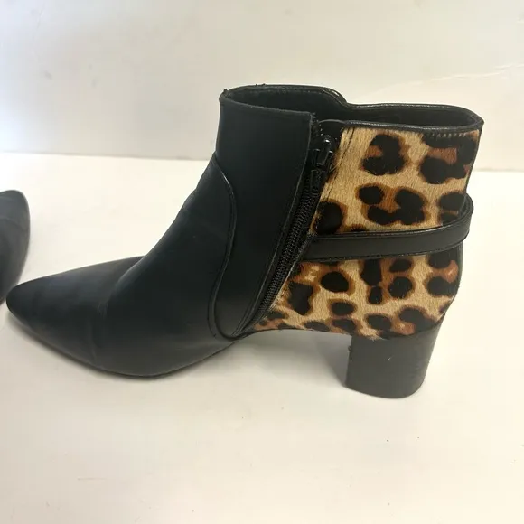 Diane Von Furstenberg Black Leather Leopard Ankle Boots 8 Calf Fur Pointed Toe
