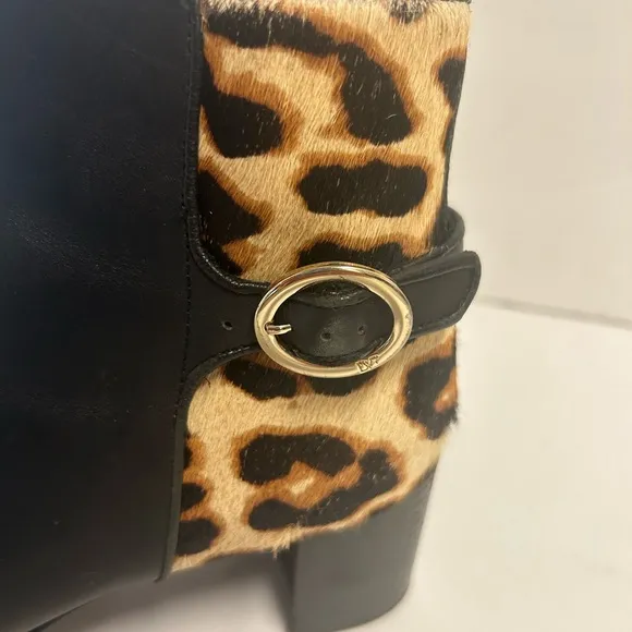 Diane Von Furstenberg Black Leather Leopard Ankle Boots 8 Calf Fur Pointed Toe