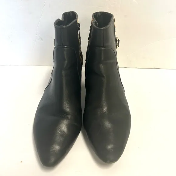 Diane Von Furstenberg Black Leather Leopard Ankle Boots 8 Calf Fur Pointed Toe
