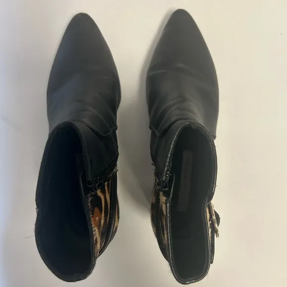 Diane Von Furstenberg Black Leather Leopard Ankle Boots 8 Calf Fur Pointed Toe