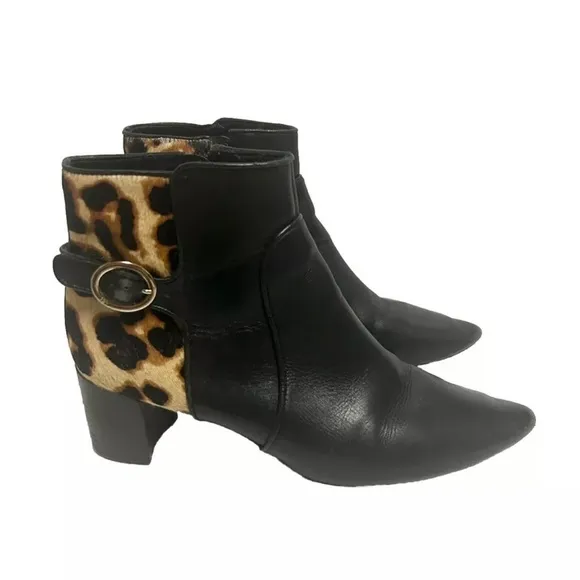 Diane Von Furstenberg Black Leather Leopard Ankle Boots 8 Calf Fur Pointed Toe