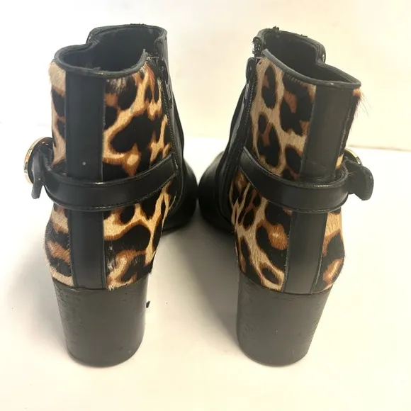 Diane Von Furstenberg Black Leather Leopard Ankle Boots 8 Calf Fur Pointed Toe