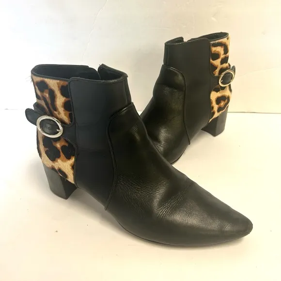 Diane Von Furstenberg Black Leather Leopard Ankle Boots 8 Calf Fur Pointed Toe