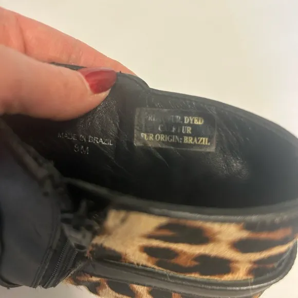 Diane Von Furstenberg Black Leather Leopard Ankle Boots 8 Calf Fur Pointed Toe