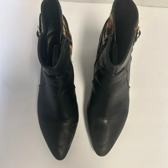 Diane Von Furstenberg Black Leather Leopard Ankle Boots 8 Calf Fur Pointed Toe