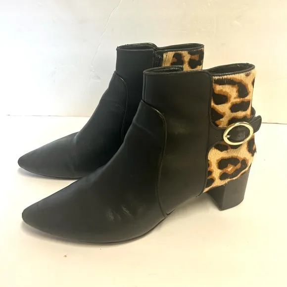 Diane Von Furstenberg Black Leather Leopard Ankle Boots 8 Calf Fur Pointed Toe