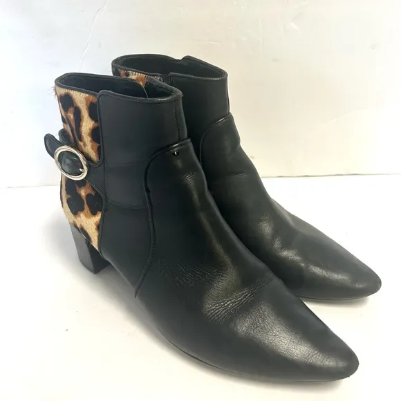 Diane Von Furstenberg Black Leather Leopard Ankle Boots 8 Calf Fur Pointed Toe