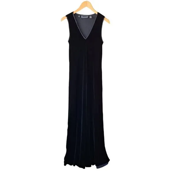 DKNY Vintage 90s Black Velvet Maxi Dress Sleeveless V-neck