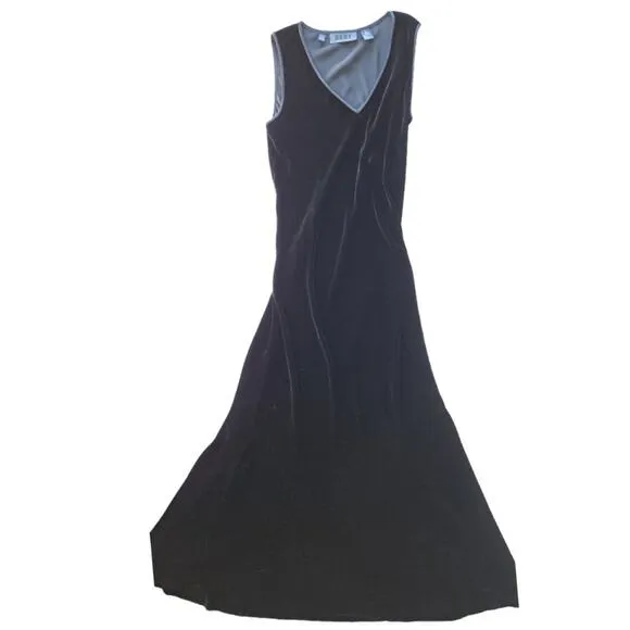 DKNY Vintage 90s Black Velvet Maxi Dress Sleeveless V-neck