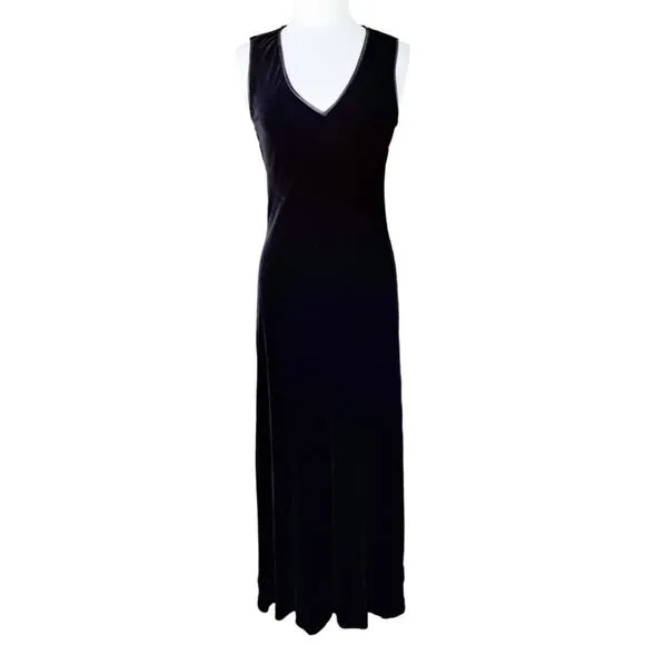 DKNY Vintage 90s Black Velvet Maxi Dress Sleeveless V-neck