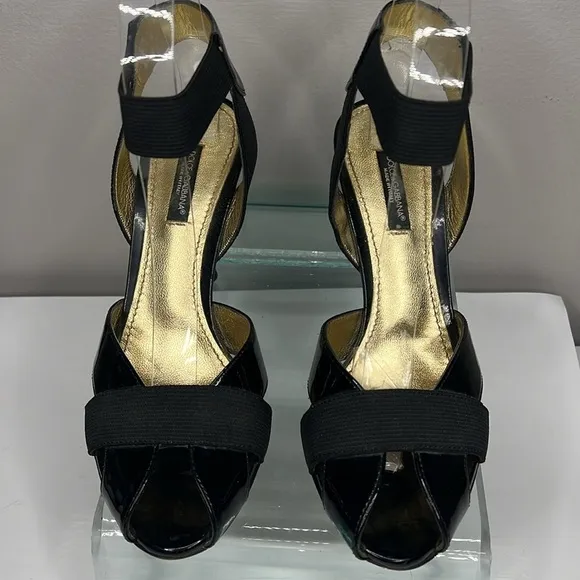 Dolce &amp; Gabbana Sz 36 Patent Leather Elastic Peep Toe Heels Sandals