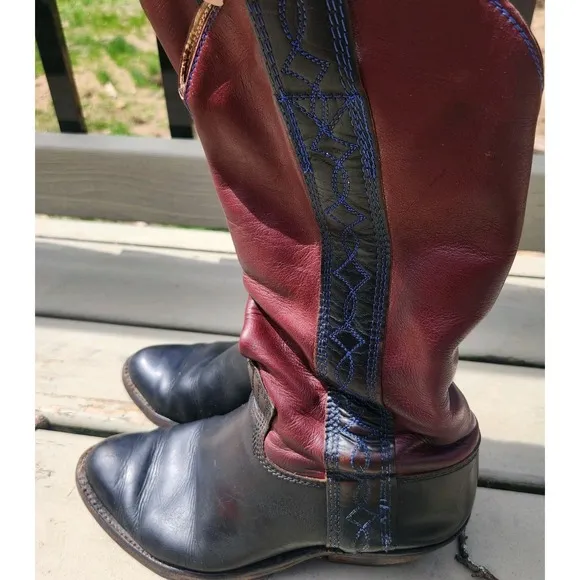 Don Diego Vintage Leather Cowboy Western Boots Red &amp; Blue Embroidery 9 1/2D