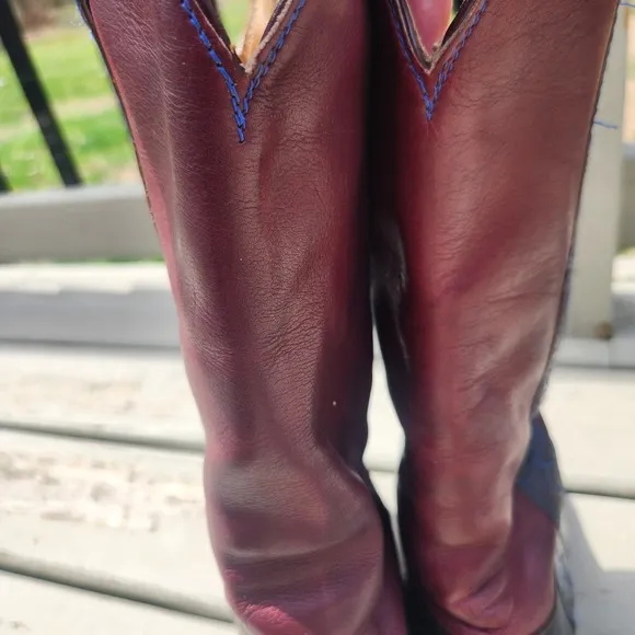 Don Diego Vintage Leather Cowboy Western Boots Red &amp; Blue Embroidery 9 1/2D