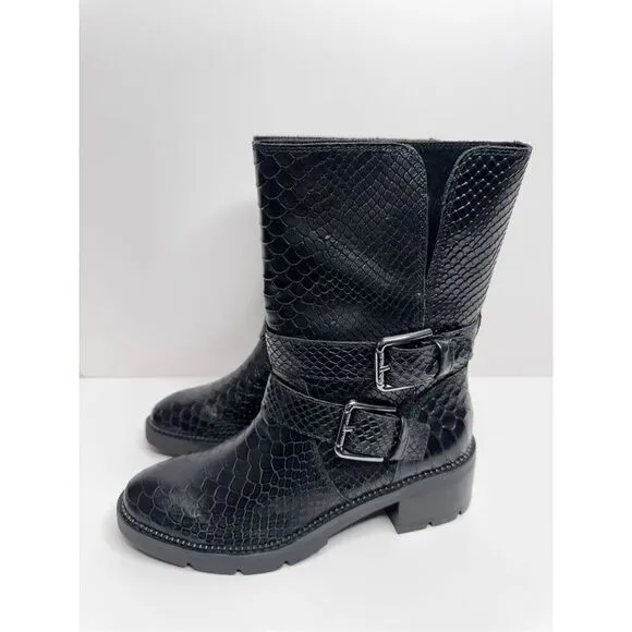Donald J. Pliner Boots Womens Size 9 Saraya Black Leather Embossed Mid-Calf NEW
