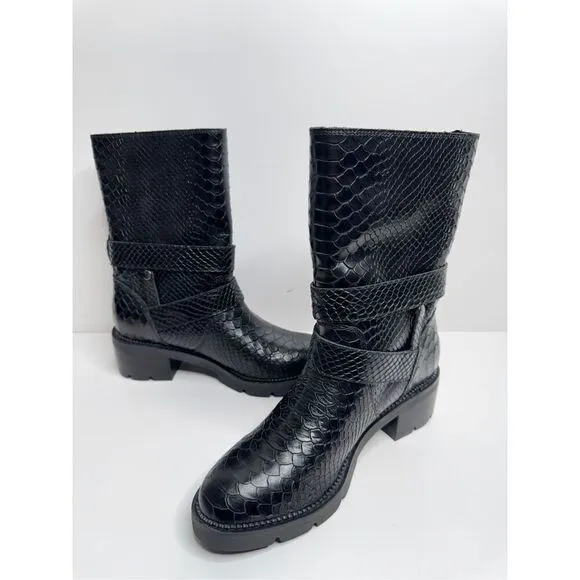 Donald J. Pliner Boots Womens Size 9 Saraya Black Leather Embossed Mid-Calf NEW