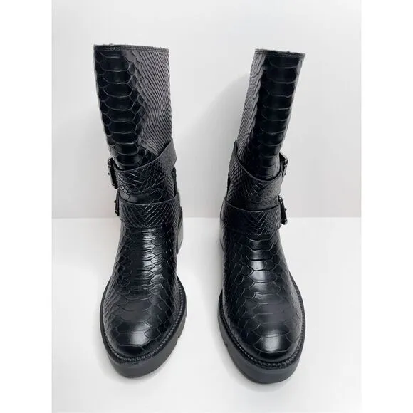 Donald J. Pliner Boots Womens Size 9 Saraya Black Leather Embossed Mid-Calf NEW
