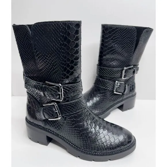 Donald J. Pliner Boots Womens Size 9 Saraya Black Leather Embossed Mid-Calf NEW