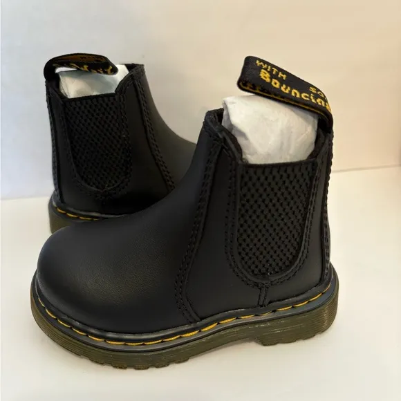 Dr. Martens Boots kids Toddler,Black Leather Boots with Yellow Stitching