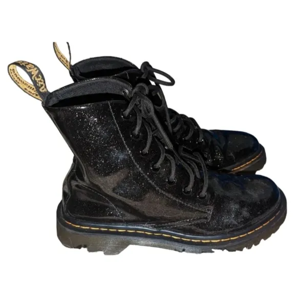 Dr. Martens Luana Black Glitter Sparkle Patent Leather Combat Boots Womens Sz 6L