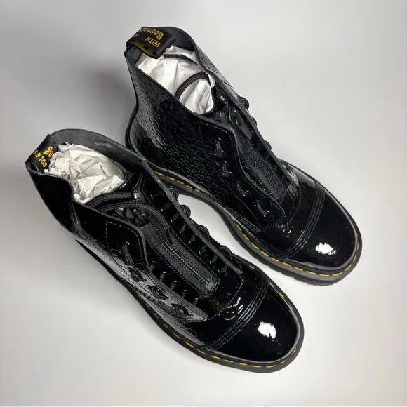 Dr. Marten’s Sinclair Leopard Print Embossed Black Patent Leather Women's Boots