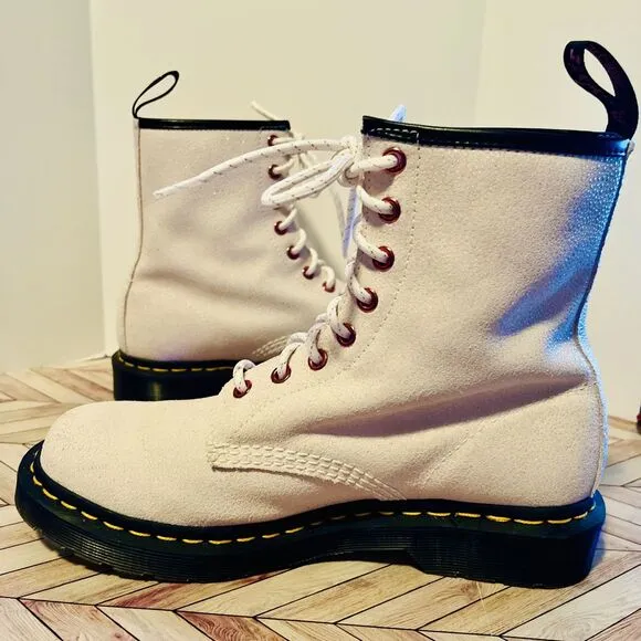 Dr Martens Women's 9 Leather Boots Cream Pink Combat Lace Up Doc 27655 Wedding