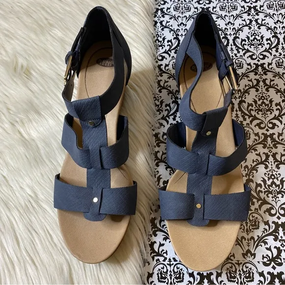 Dr. scholl’s : size : 9.5 : blue &amp; tan ‘barton’ snake print wedge sandals 😇
