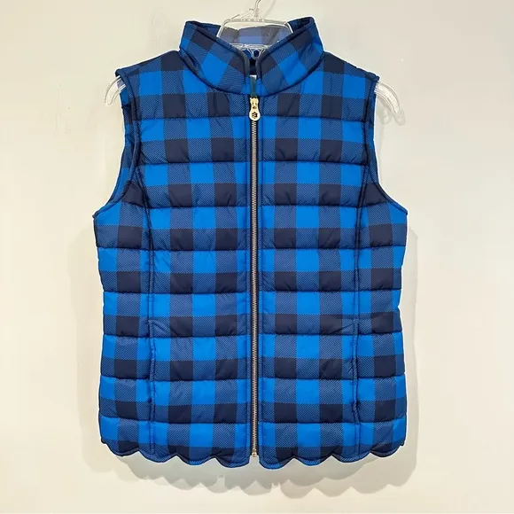 Draper James Buffalo Plaid Scalloped Puffer Vest Women's 6 Blue Back Outdoor