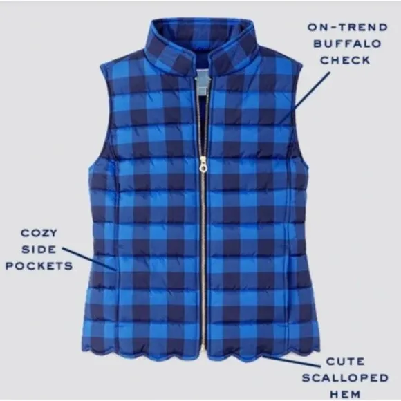 Draper James Buffalo Plaid Scalloped Puffer Vest Women's 6 Blue Back Outdoor
