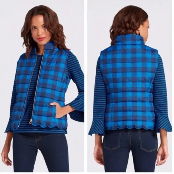 Draper James Buffalo Plaid Scalloped Puffer Vest Women's 6 Blue Back Outdoor