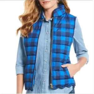 Draper James Buffalo Plaid Scalloped Puffer Vest Women's 6 Blue Back Outdoor